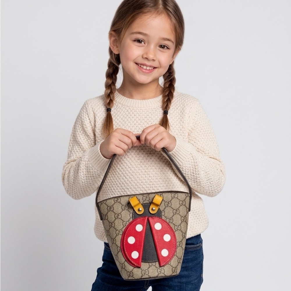 Gucci Kids Beige GG Canvas Bucket Bag with Red Ladybug NWT